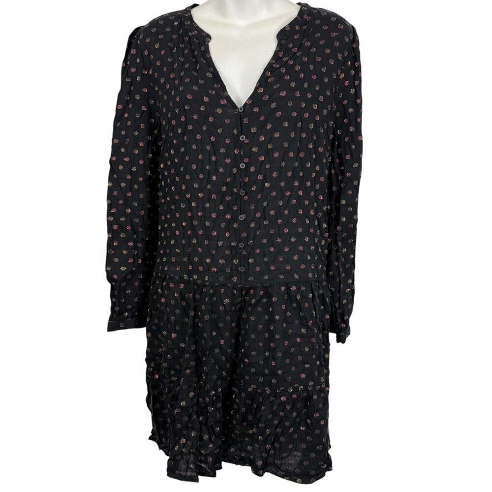 Ann Taylor Loft Black Metallic Polka Dot Long Sleeve Peasant Mini Dress sz L